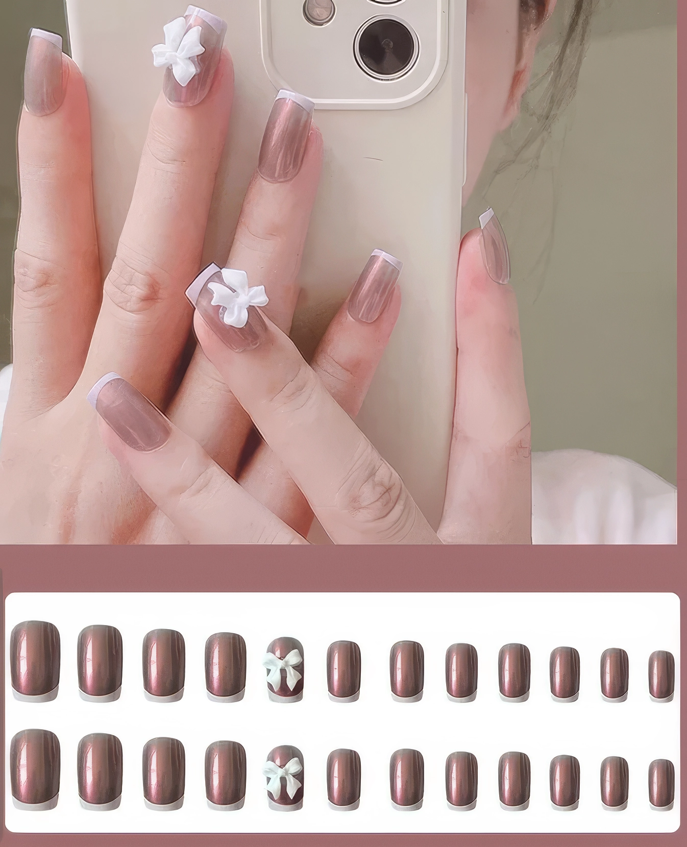 Faux Ongles avec Nœuds 3D - Effet Chrome 💅