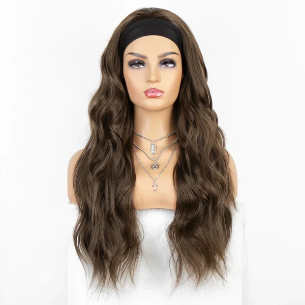 Perruque Longue Ondulée avec Bandeau - Brun Naturel