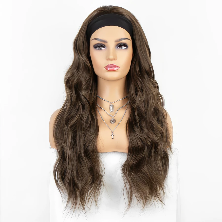 Perruque Longue Ondulée avec Bandeau - Brun Naturel