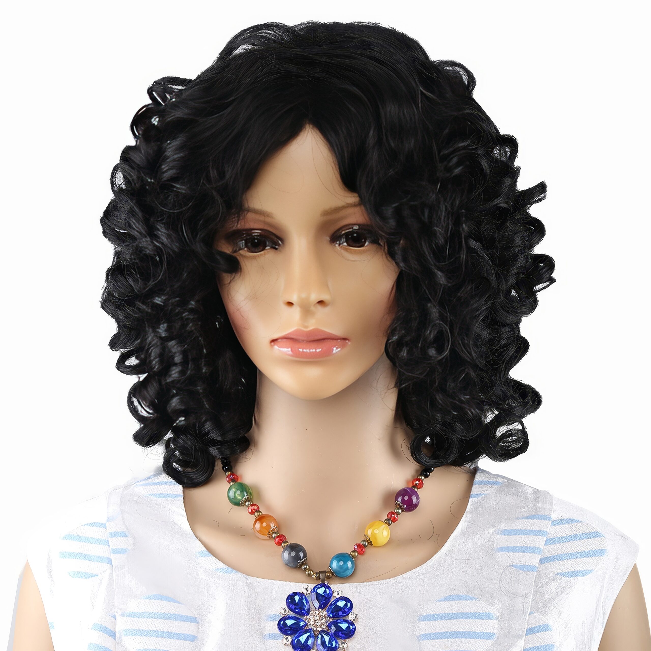 Perruque Bouclée Mi-Longue - Noir Classique