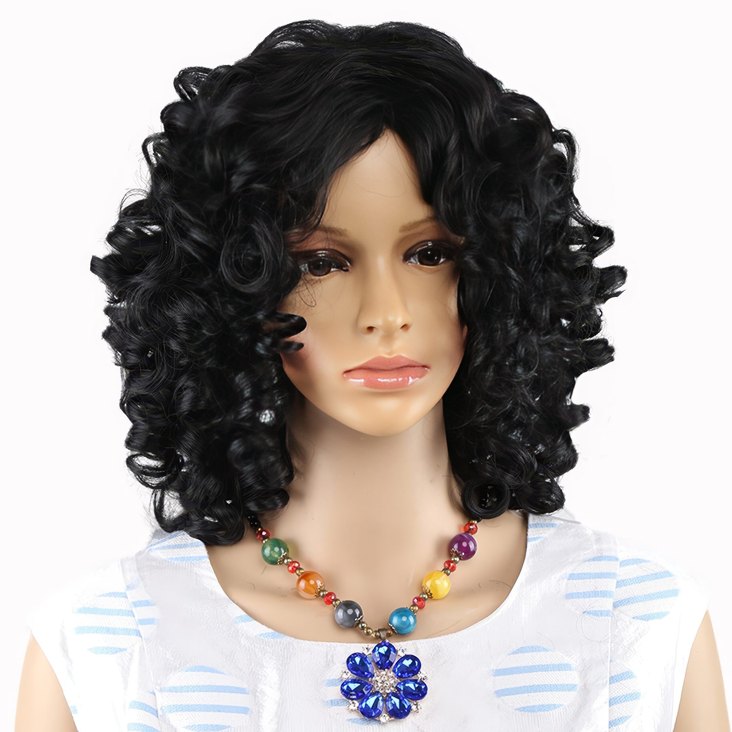 Perruque Bouclée Mi-Longue - Noir Classique – Image 2