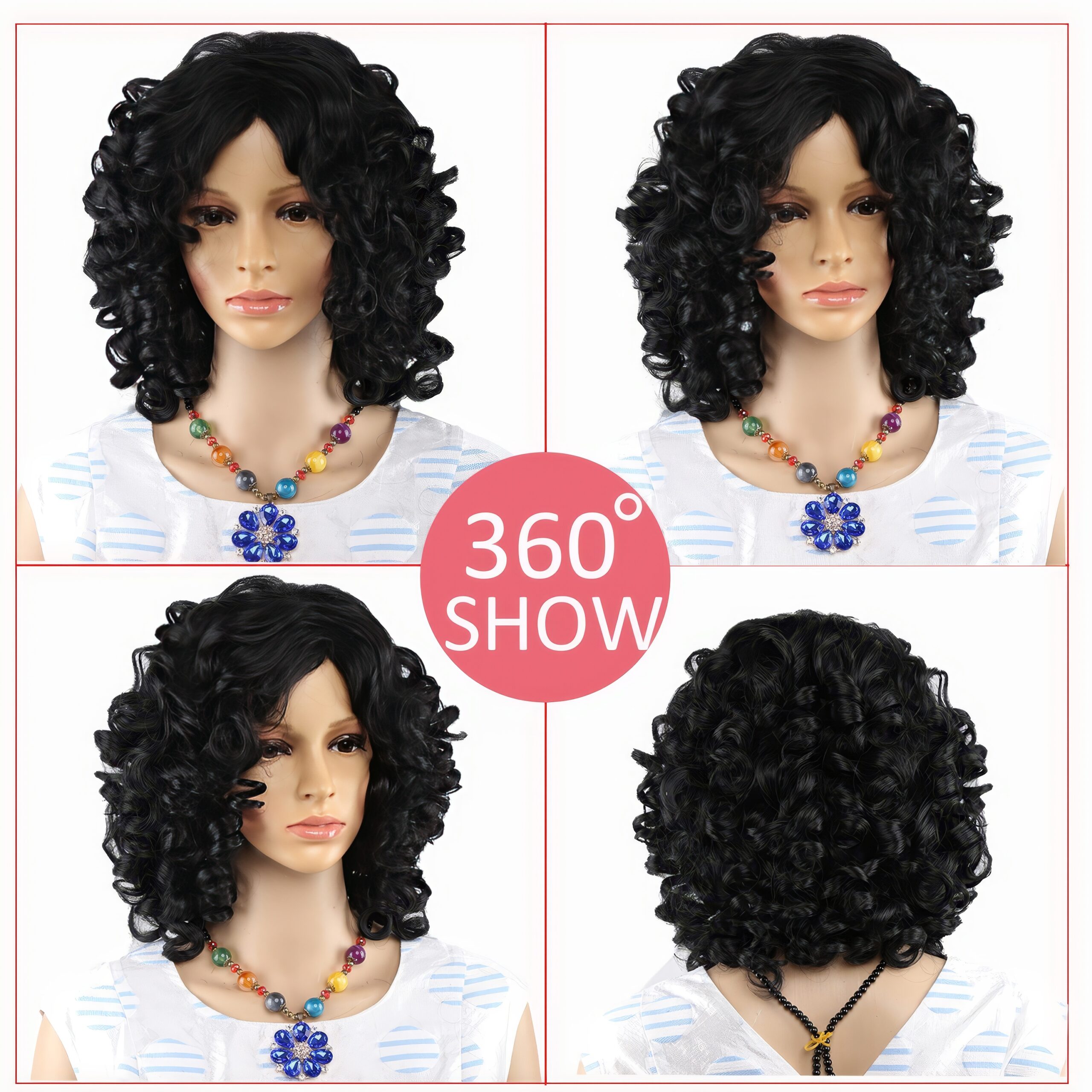 Perruque Bouclée Mi-Longue - Noir Classique – Image 3