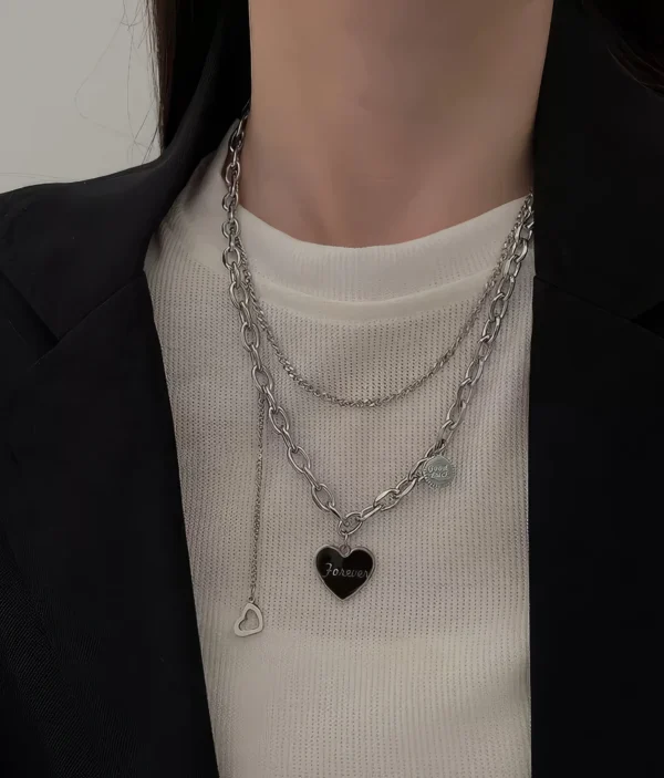 Collier Multi-Rangs Cœur - Gravure Forever 🖤