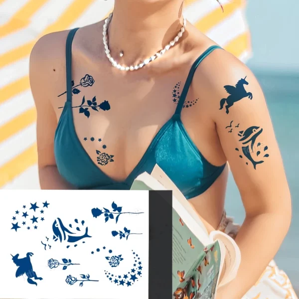 Tatouages Temporaires - Dauphin, Licorne & Étoiles Féeriques