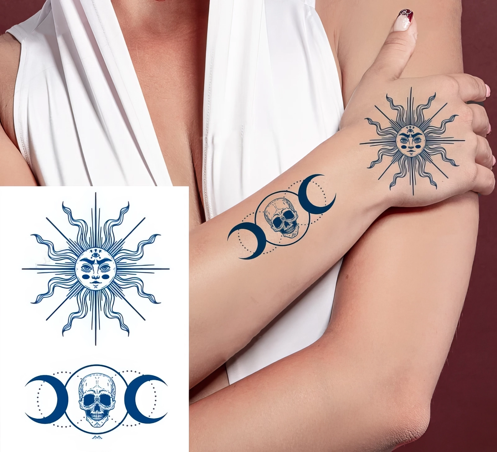 Tatouages Temporaires - Soleil Mystique & Lune Crâne