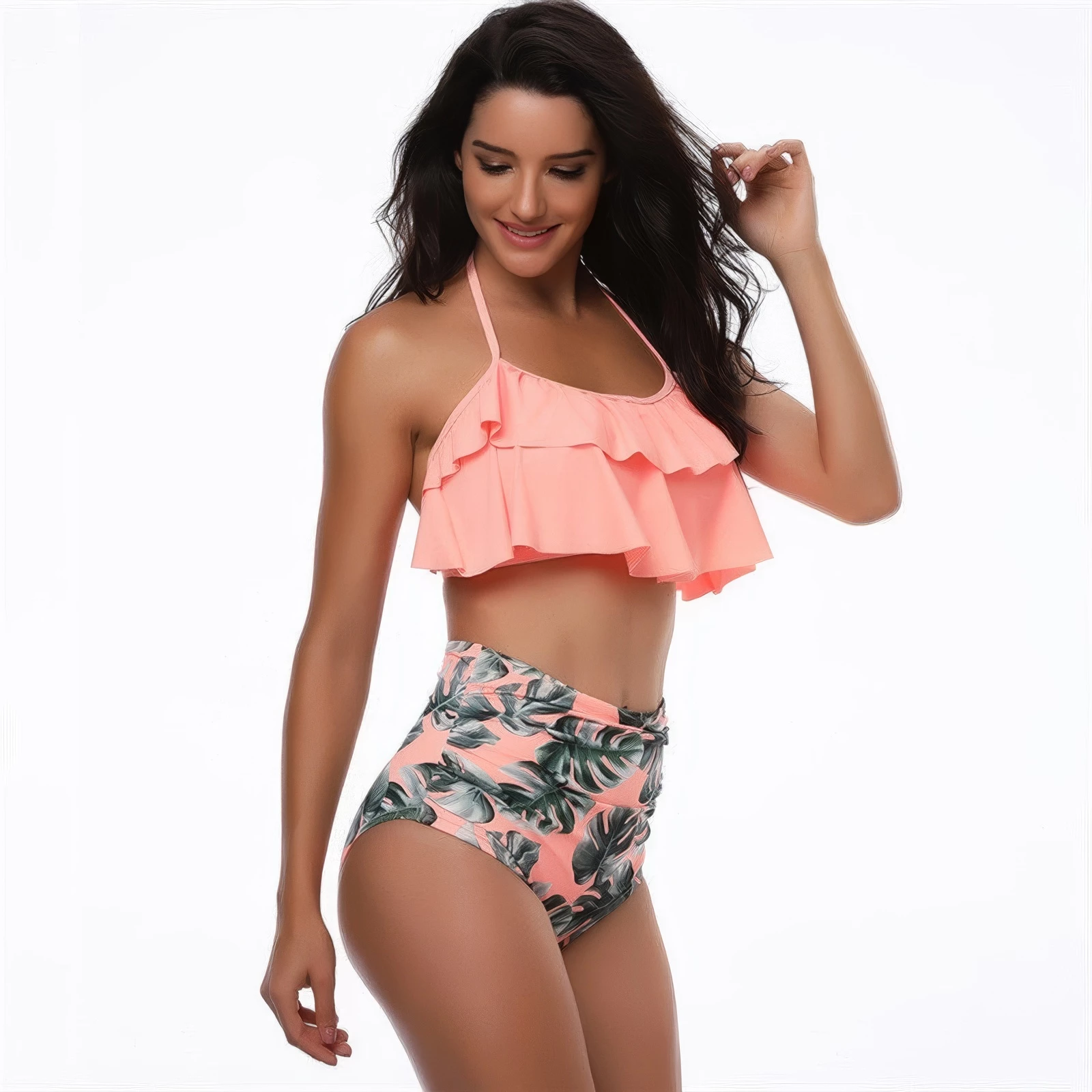 Maillot de Bain 2 Pièces - Volants & Motif Tropical
