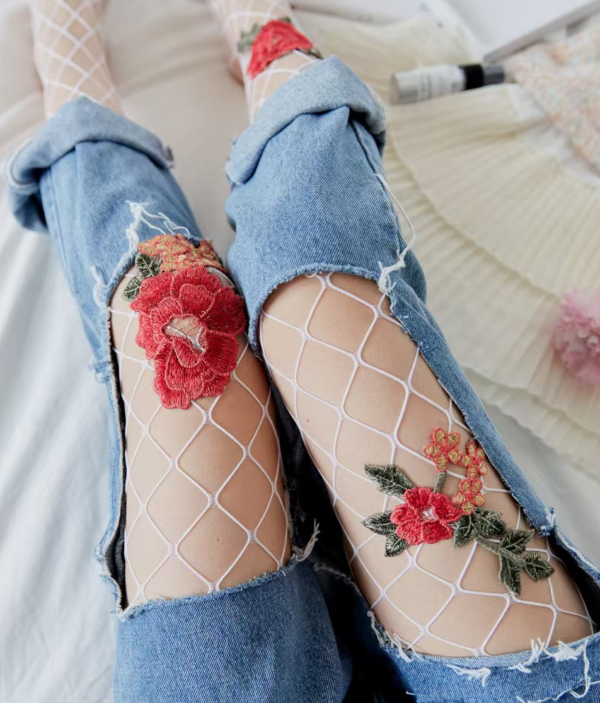 Collant Résille Taille Haute - Motifs Fleurs Brodées