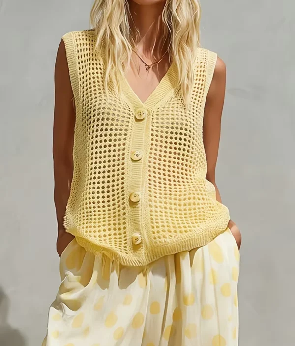 Gilet Sans Manches Femme en Maille Ajourée - Boutonné