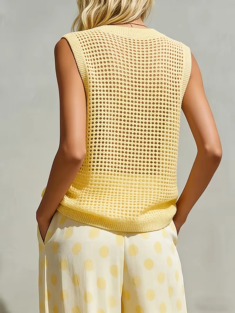Gilet Sans Manches Femme en Maille Ajourée - Boutonné – Image 5