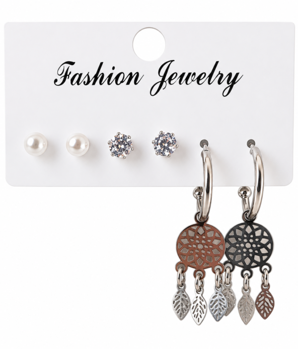Boucles d’Oreilles 3 Paires - Perles, Strass & Pendants Feuilles