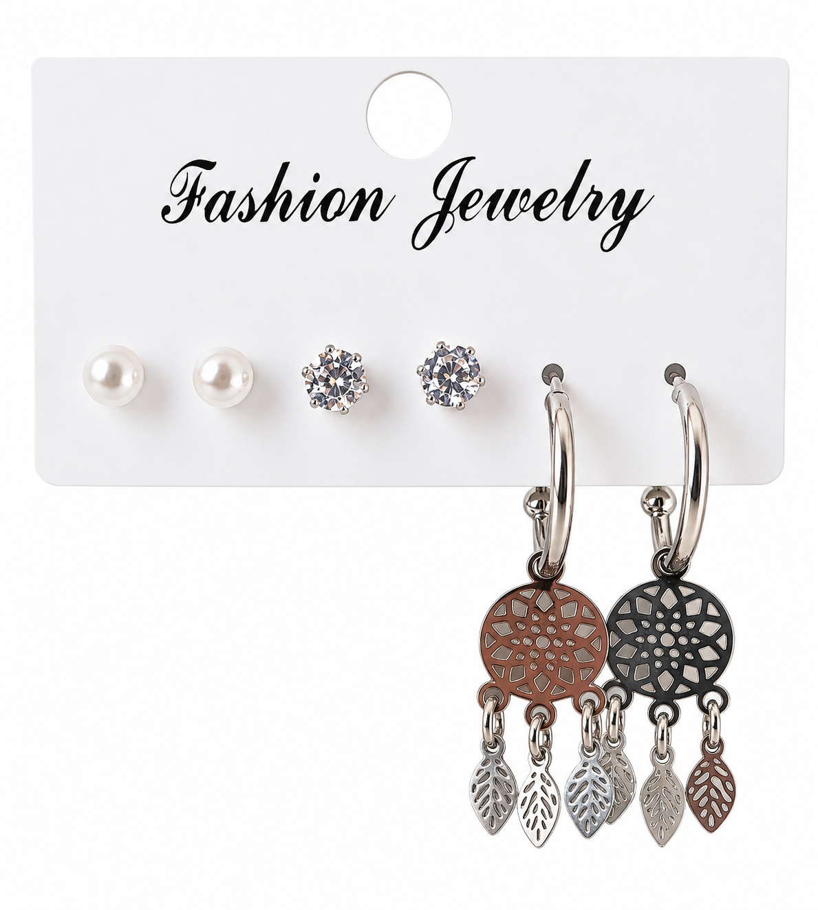Boucles d’Oreilles 3 Paires - Perles, Strass & Pendants Feuilles