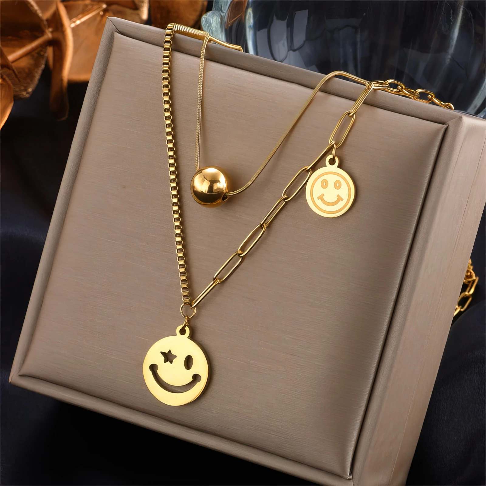Collier Double Rang - Médaillons Smiley et Boule